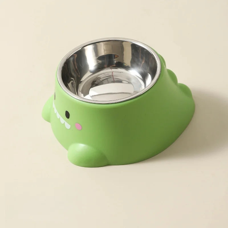 Dinosaurio de dibujos animados 15 °   Cuenco inclinado para mascotas: plato elevado de acero inoxidable con soporte para el cuello: comedero divertido y bonito para gatos y cachorros