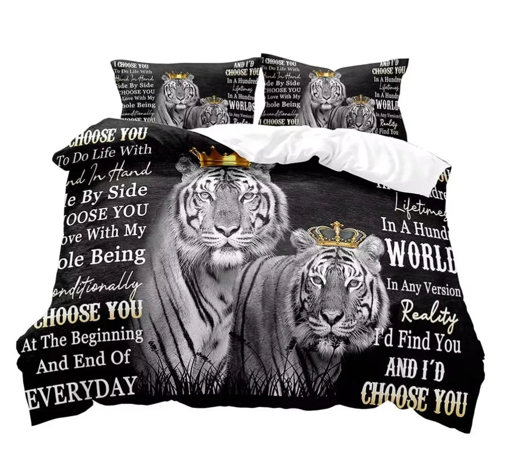 Juego de cama de tamaño completo para parejas, funda de edredón, decoración de dormitorio, León, Rey y Reina, Animal Safari africano, color negro, 3 piezas