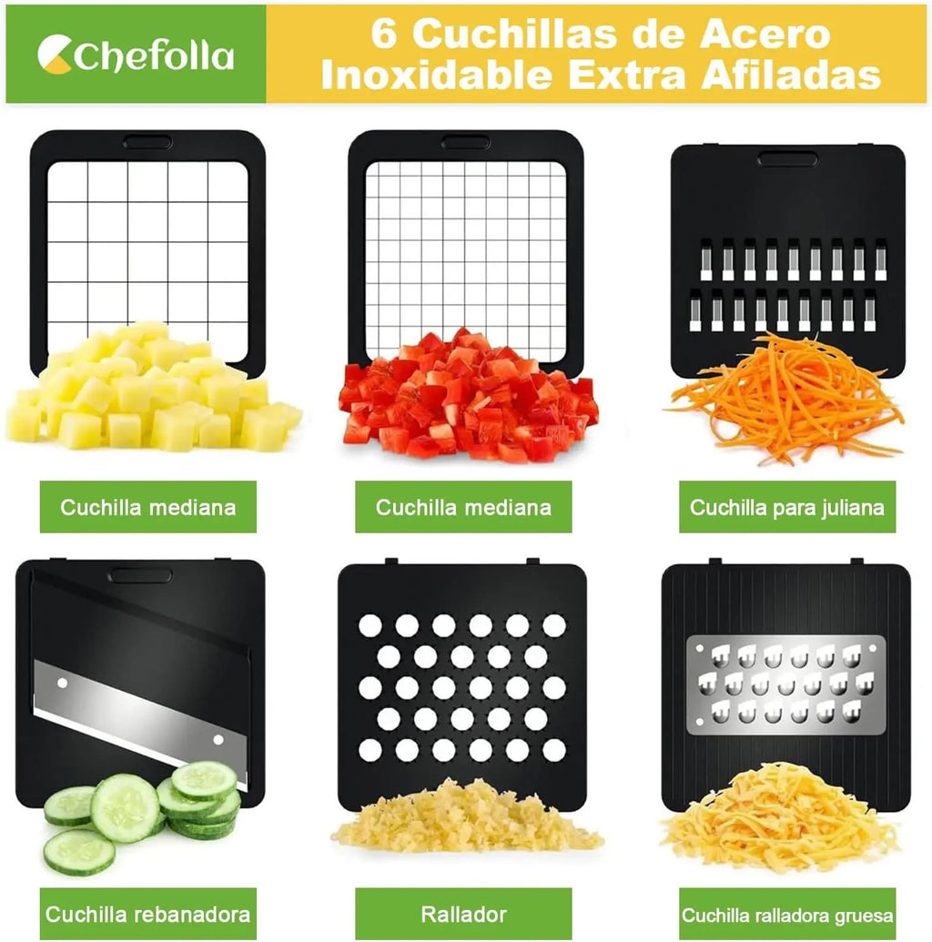 Picador de Verduras Multifuncional, Cortador de Cocina 6 en 1 con Cuchillas de Acero Inoxidable, para Frutas, Verduras y Ensaladas
