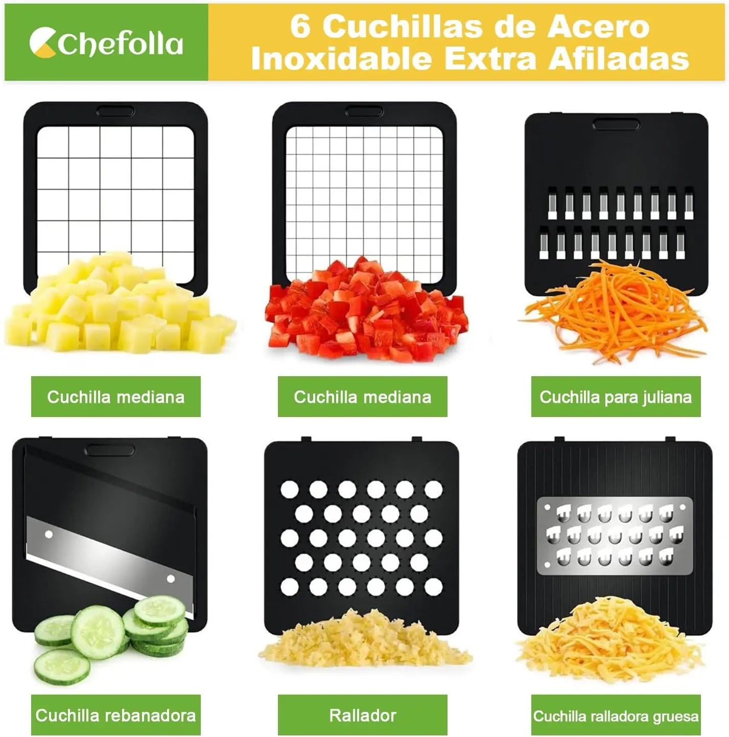 Picador de Verduras Multifuncional, Cortador de Cocina 6 en 1 con Cuchillas de Acero Inoxidable, para Frutas, Verduras y Ensaladas