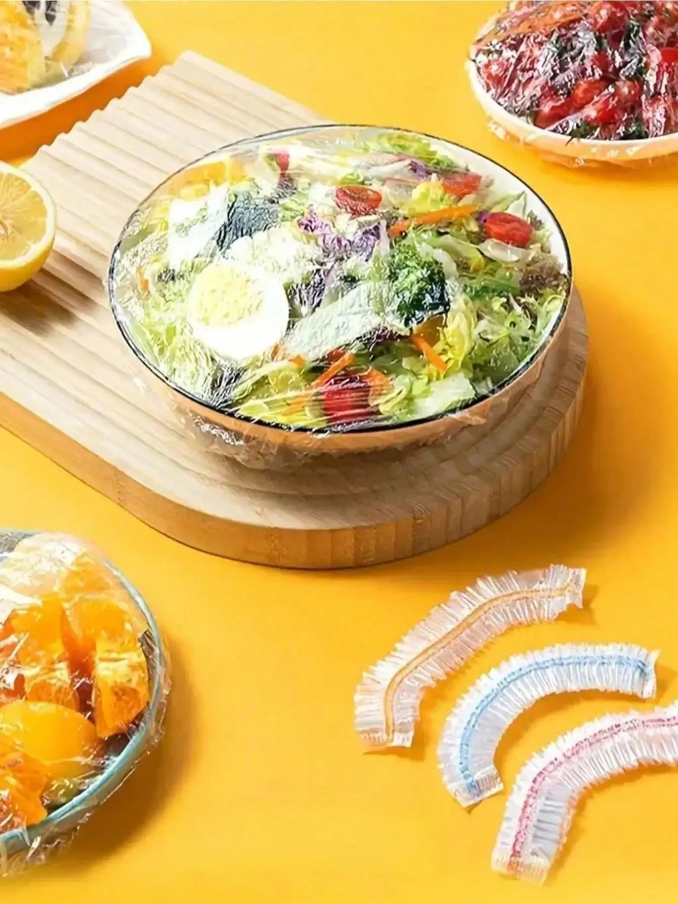 100 Cubiertas Desechables para Alimentos, Cubiertas de Plástico con Borde Elástico. Tapa Universal para Tazones, para Mantener la Frescura de los Alimentos en la Cocina, a Prueba de Polvo y Apta para Microondas