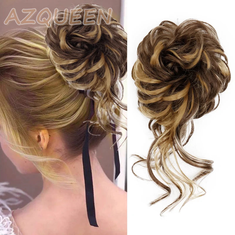 AZQUEEN moño de pelo sintético moño Natural gris desordenado banda para el cabello rizado elástico Scrunchy piezas de cabello falso para mujeres horquillas