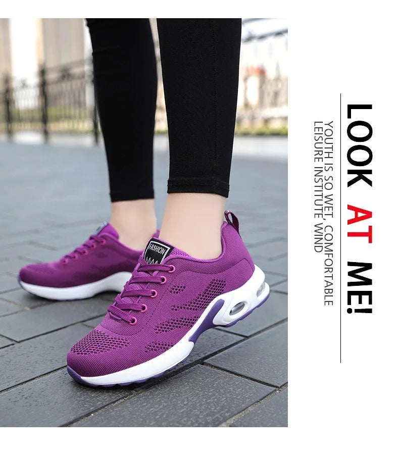 Zapatos deportivos transpirables con amortiguación de aire para mujer, zapatillas informales con cordones cruzados y tacón plano con punta redonda de estilo coreano