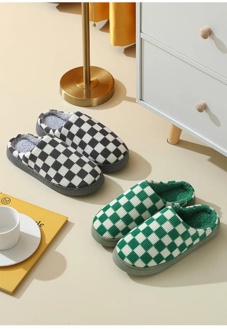Zapatilla a cuadros para mujer, invierno cálido, hogar, dibujos animados Kawaii, Contton de felpa, interior, divertido, lindo, peludo, zapatos de suelo para casa, tablero de ajedrez femenino