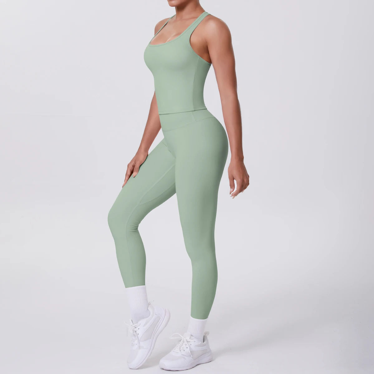 Hamidou - Conjunto de yoga de 2 piezas para mujer: leggings de fitness de secado rápido con efecto push-up y top deportivo con espalda en I de color liso.