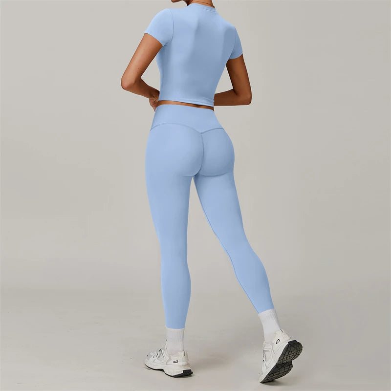 Conjunto de Yoga de 2 piezas para mujer, ropa deportiva de entrenamiento, ropa de gimnasio, Top corto de manga corta, mallas de cintura alta, trajes deportivos