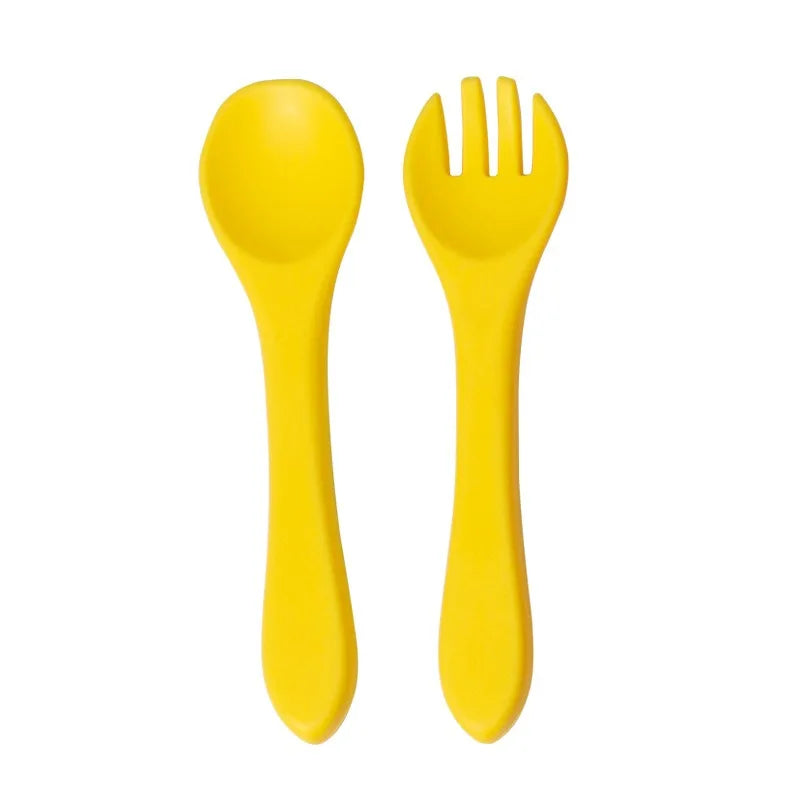 Juego de Cuchara y Tenedor de Silicona de Grado Alimenticio para Bebés, Utensilios de Alimentación para Niños Pequeños con Mango Largo y Cabeza Suave para Alimentos Infantiles