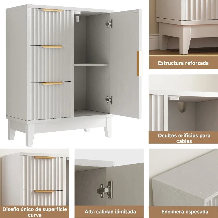 Organizador lateral de madera con 3 cajones y una puerta, con patas elevadas, para almacenamiento en el suelo, ideal para baño, ducha, dormitorio o armario del hogar.