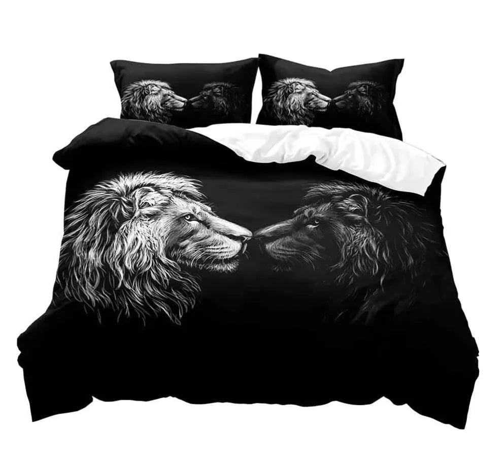 Juego de cama de tamaño completo para parejas, funda de edredón, decoración de dormitorio, León, Rey y Reina, Animal Safari africano, color negro, 3 piezas