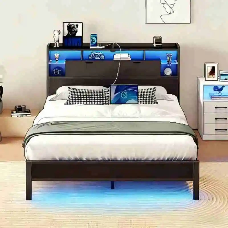 Estructura de cama LED, Mesita de Noche con Espacio de Almacenamiento y Carga Inalámbrica | Luz Nocturna y Base Multifuncional, 211 x 139 x 113 cm (Negro)