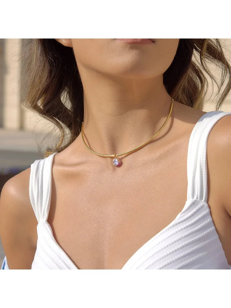 Collar con colgante geométrico de circonita para mujer, chapado en oro de 18 quilates, collar de acero inoxidable, joyería de moda, regalo.