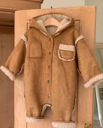 Mameluco coreano de invierno para bebé, mono con capucha con forro de Sherpa grueso Vintage, traje cálido para gatear para niños y niñas