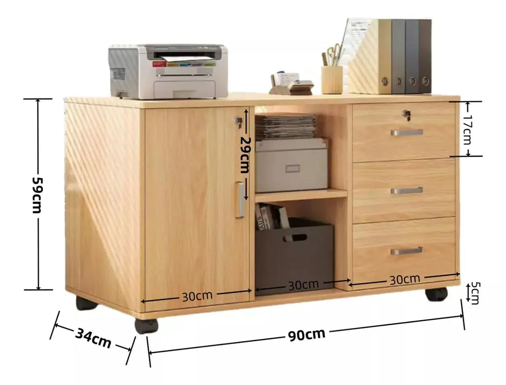 Archivador con 3 Cajones y Puerta con Cerrojo,Multifunción Gabinete de Almacenamiento,Mueble Organizador Bajo Escritorio para Impresora, Estantes Ajustables,Oficina en Casa, 90x34x59cm