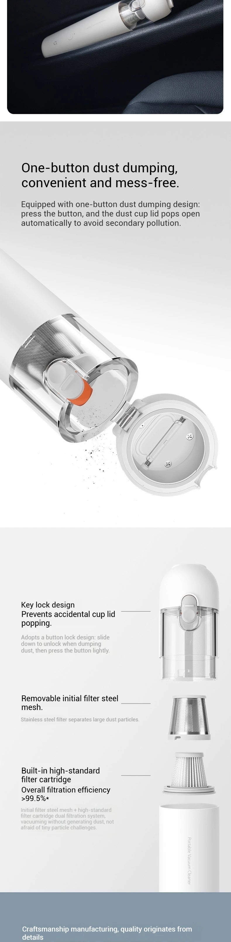 Aspiradora Xiaomi Mi Mini, 13000Pa, Inalámbrica Portátil, Arranque con un Botón, Motor sin Escobillas de 88000 RPM con Múltiples Boquillas para Auto