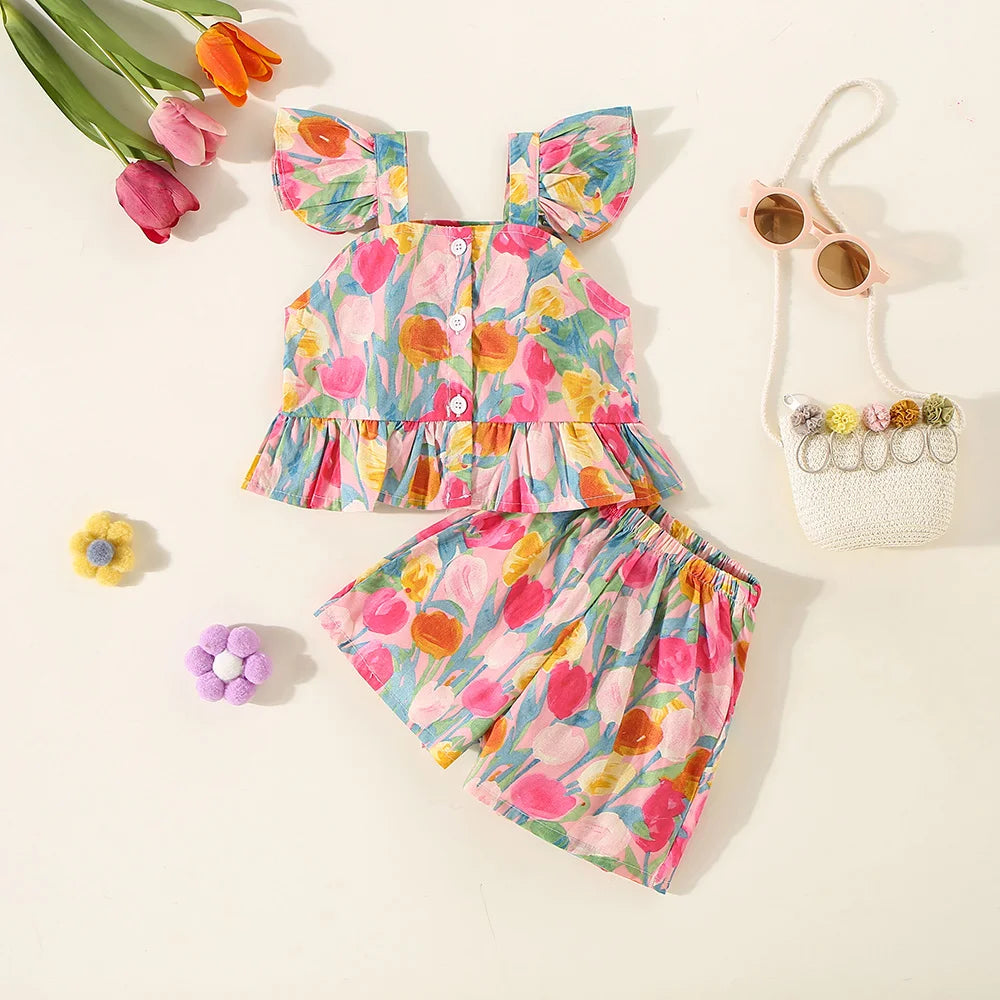 Conjunto de verano de 2 piezas con tirantes y pantalones cortos para niña, Top con tirantes de manga voladora pequeña con estampado de tulipán de dibujos animados