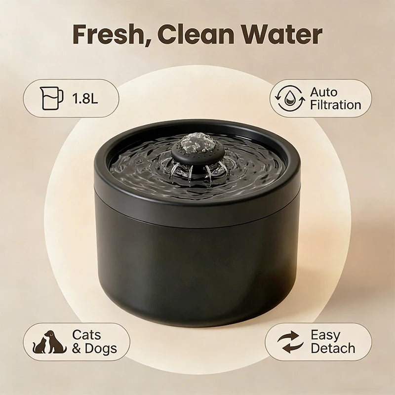 Bebedero Automático para Gatos y Perros de 1.8L/60.87oz, Dispensador de Agua Silencioso con Filtro para Mascotas Pequeñas, Tazón de Agua Interior Antideslizante