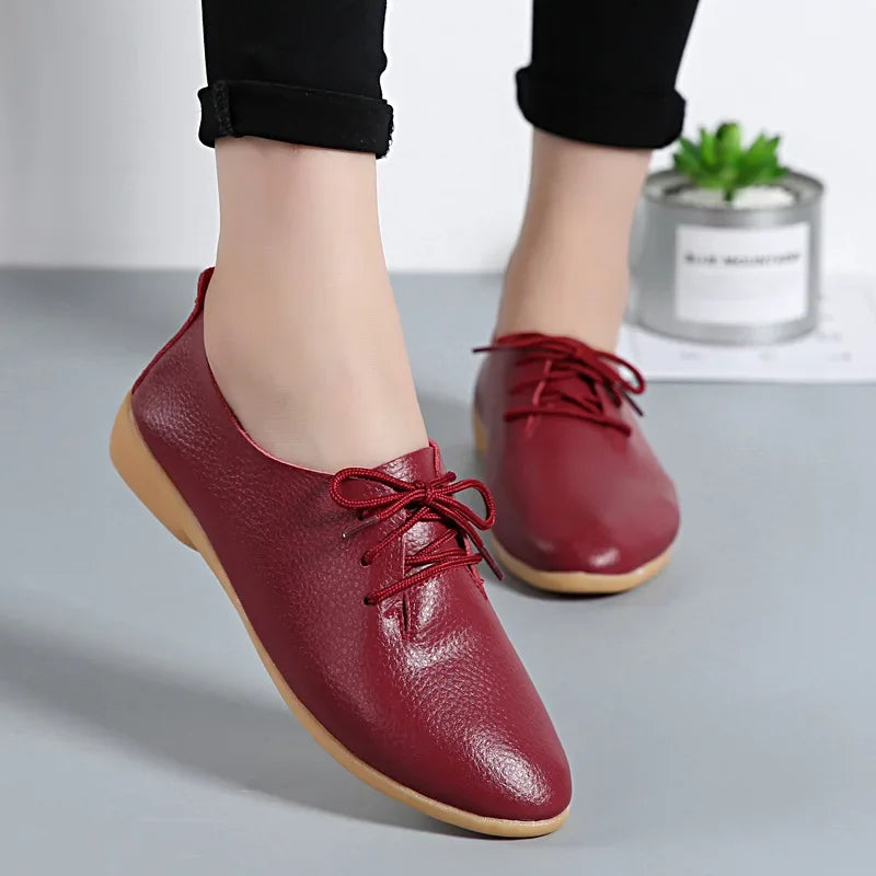 Mocasines de piel auténtica para mujer, zapatos informales, calzado suave con punta estrecha, zapatos planos de verano