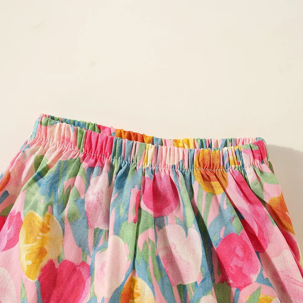 Conjunto de verano de 2 piezas con tirantes y pantalones cortos para niña, Top con tirantes de manga voladora pequeña con estampado de tulipán de dibujos animados