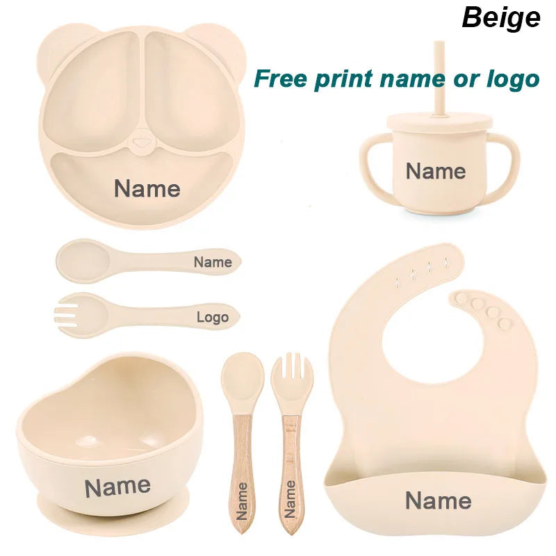 Vajilla de silicona para niños, juego de alimentación de bebé, plato de dibujos animados, nombre personalizado, taza con ventosa, plato, babero, regalo para recién nacido, 8 Uds./5 uds.