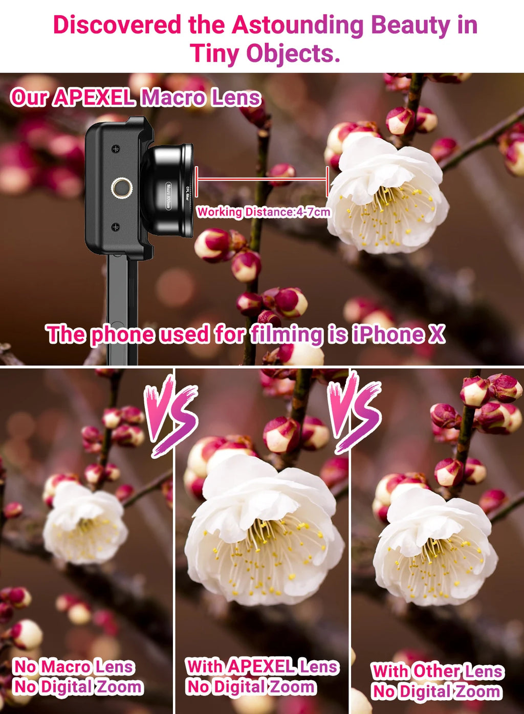 APEXEL nueva llegada 4k HD 100mm macro Micro lente con filtro CPL abrazadera multifuncional para iPhone Samsung y todos los teléfonos inteligentes