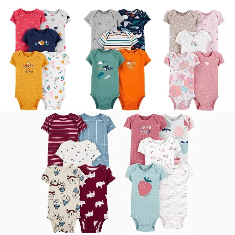 Ropa de verano para recién nacido, Pelele de manga corta 100% de algodón, Mono para niños pequeños, 5 uds./lote