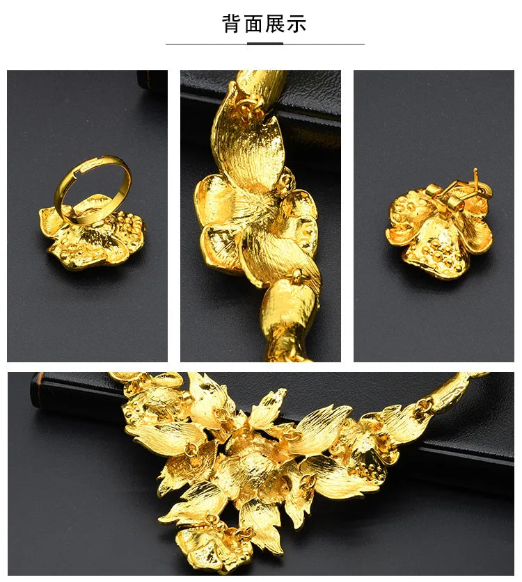 Juego de joyería nupcial de lujo en oro 24k Au999 para novias africanas y mujeres saudíes, collar, pulsera, aretes y anillo, 4 piezas, regalo.