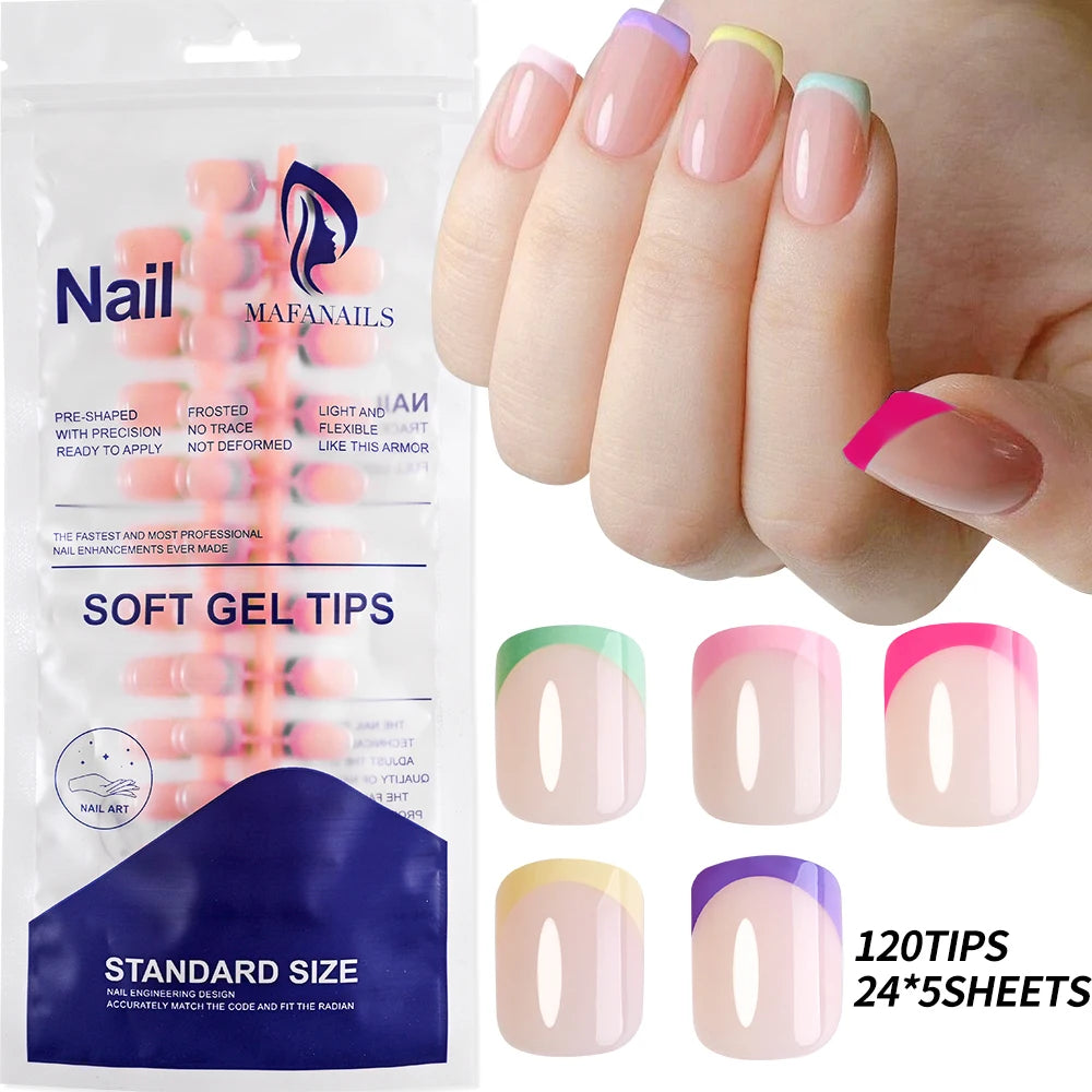 120 Uñas Acrílicas Francesas Cuadradas Medianas y Largas, Uñas Postizas Francesas de Cobertura Completa para Mujer, Uñas Postizas de Diferentes Tamaños