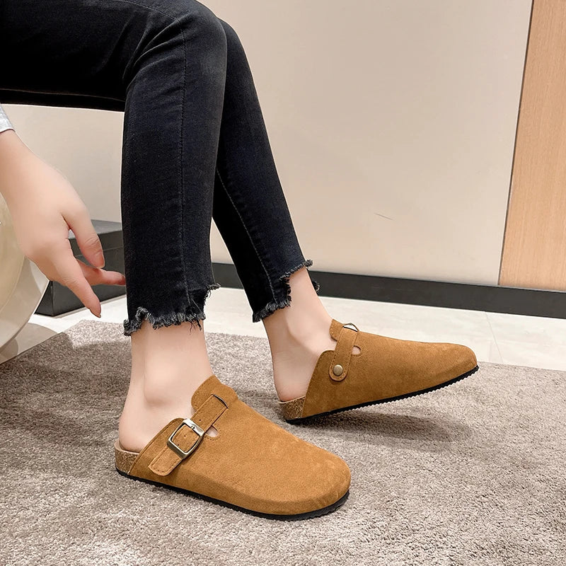 Sandalias de medio arrastre, zuecos para mujer, zapatillas de gamuza de corcho a la moda, zapatillas clásicas antideslizantes de corcho para exteriores con arco