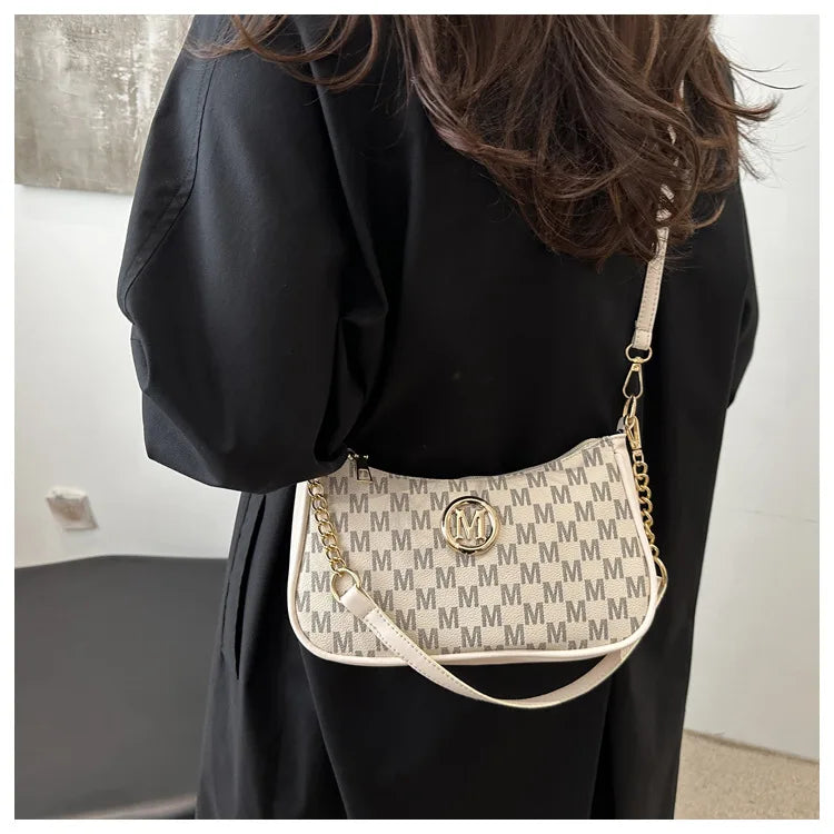 Bolso retro francés para axila, bolso de un hombro con estampado de letras y cadena cuadrada cruzada diagonal para mujer