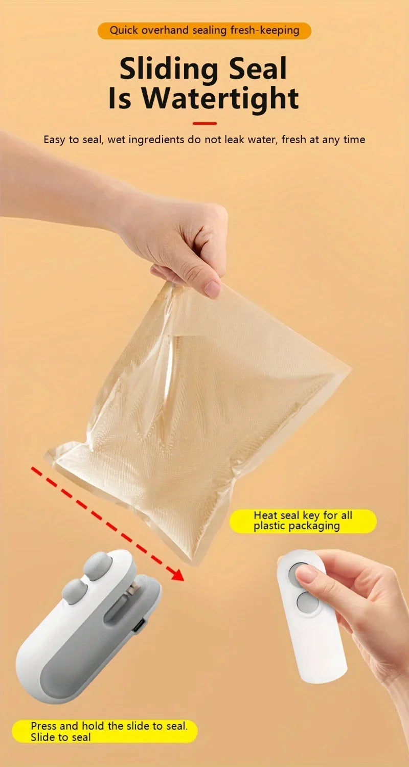 Mini máquina de sellado de bolsas de aperitivos, carga USB con cortador de chips, bolsa de plástico, dispositivo de almacenamiento de alimentos frescos