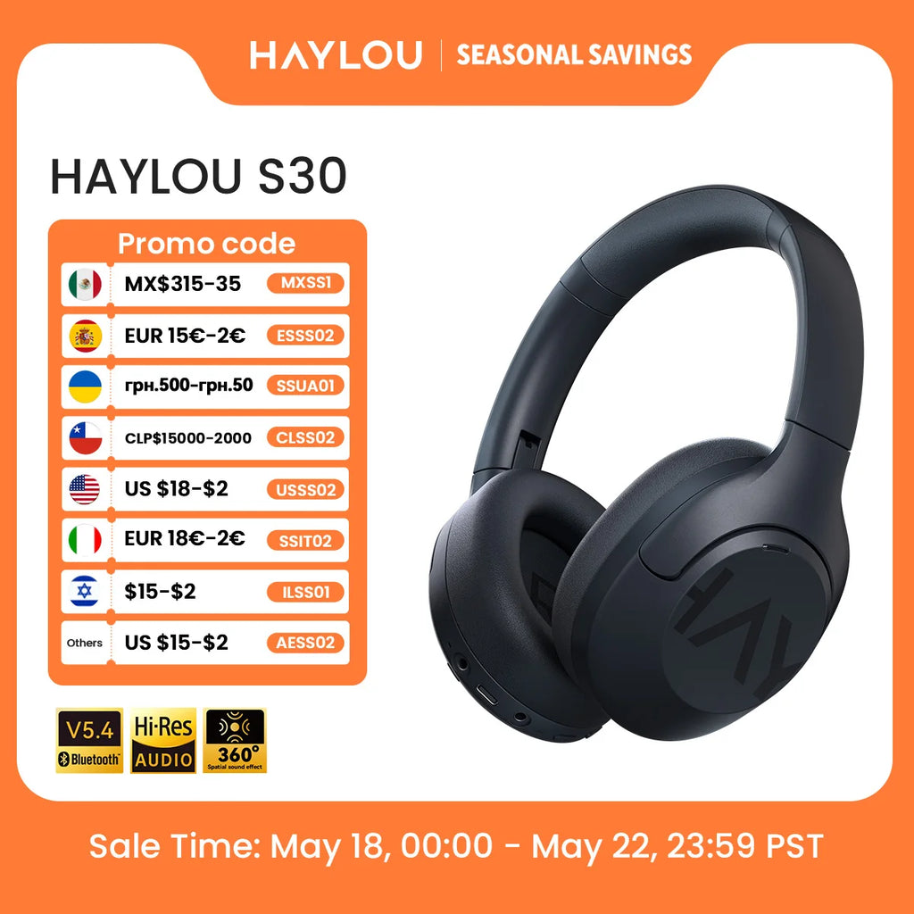 HAYLOU S30 Auriculares Inalámbricos Bluetooth 5.4 43dB Auriculares Adaptativos con Cancelación de Ruido 40mm Driver 80H Playtime