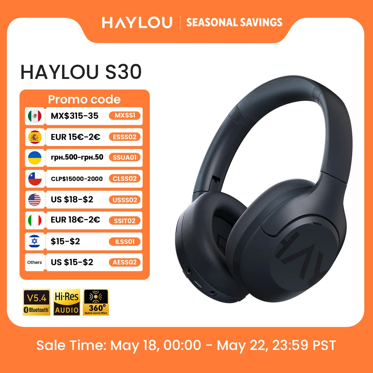 HAYLOU S30 Auriculares Inalámbricos Bluetooth 5.4 43dB Auriculares Adaptativos con Cancelación de Ruido 40mm Driver 80H Playtime