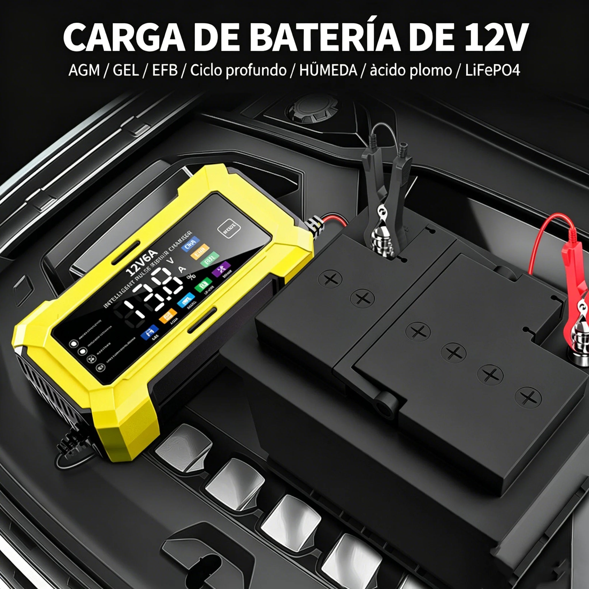 Cargador inteligente de pulso 12V 6A, adecuado para baterías de automóviles/motocicletas/camiones/AGM/GEL/EFB/ácido de plomo/LiFePO₄, con pantalla a color grande, cambio de modo con un solo botón,