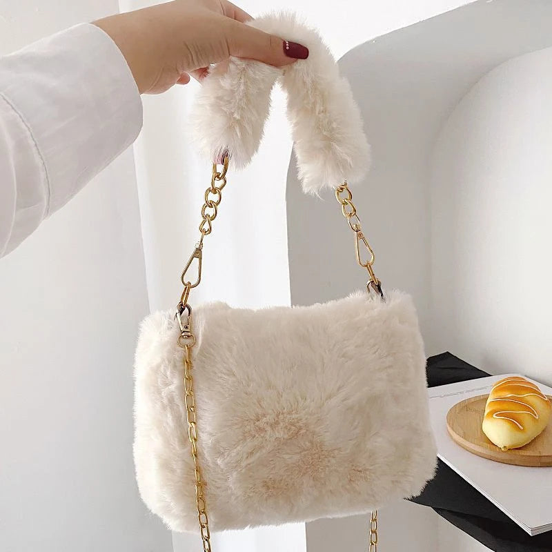 Bolso de mano de piel sintética de felpa para otoño e invierno, bandolera pequeña con cadena cuadrada, bolso de compras cálido y esponjoso a la moda