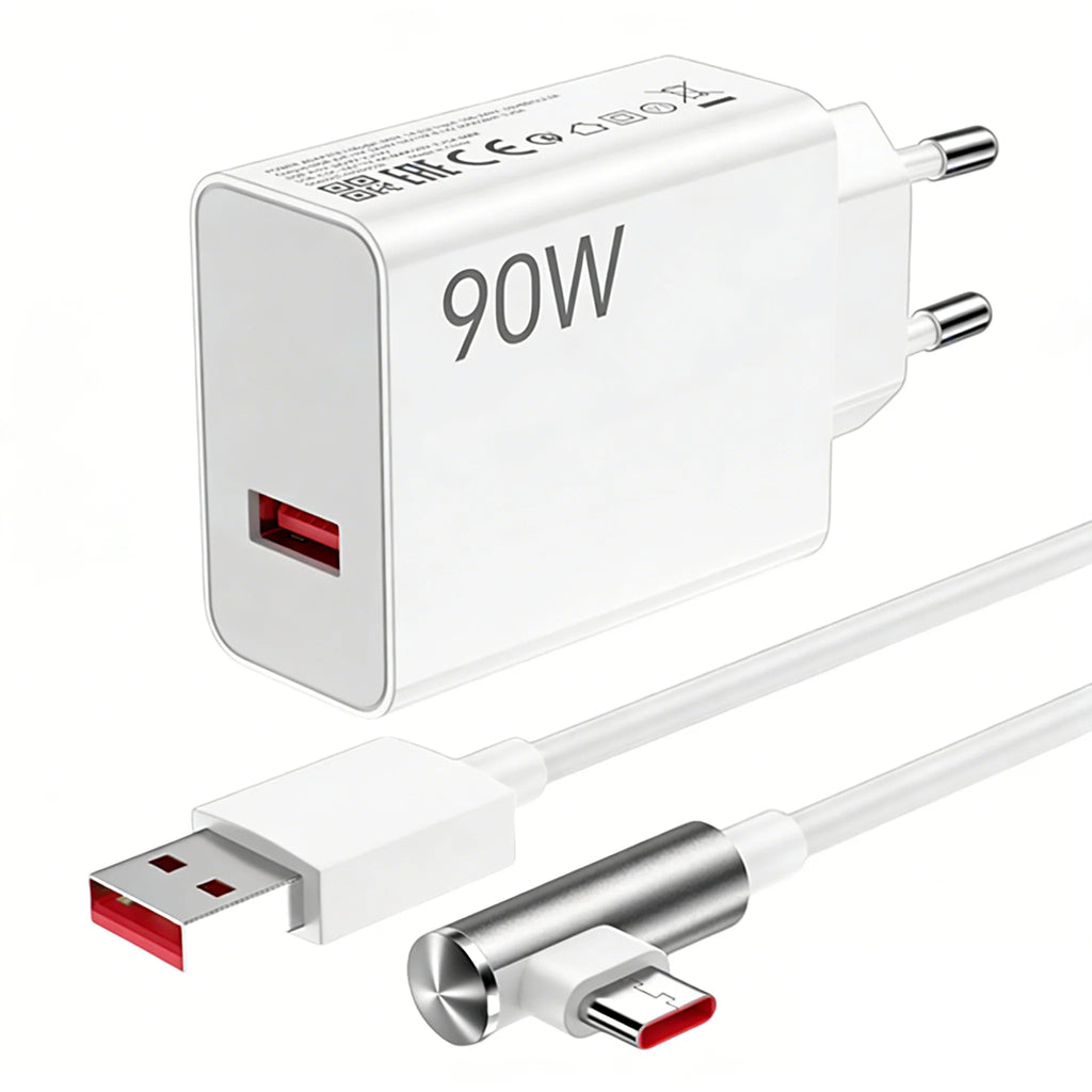 Cargador Rápido Turbo EU de 90W Máx. para Xiaomi 13 14 Ultra 15T Pro Redmi Note 14 15 Pro+ POCO F7 F8 X7 X8 con Cable USB Tipo-C en Ángulo