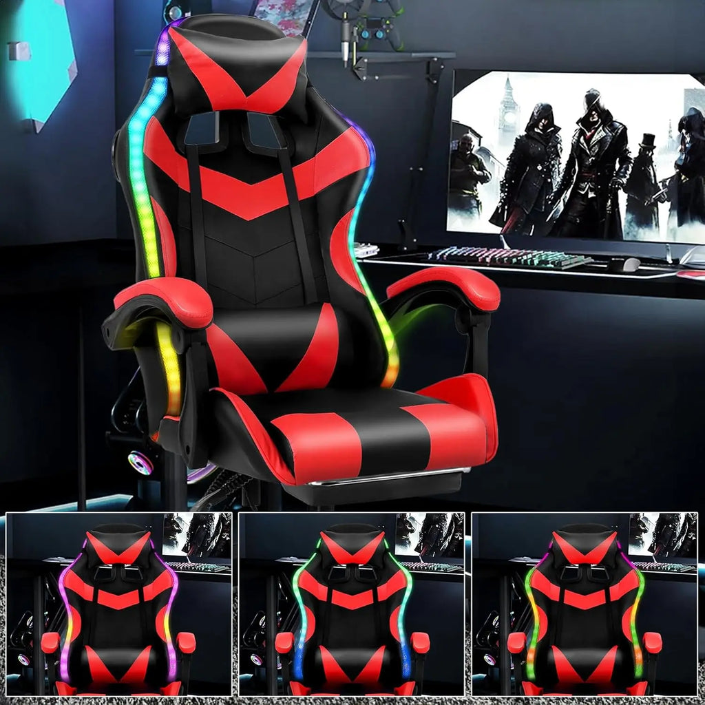 Silla de Oficina Ergonómica para Juegos y Deportes Electrónicos con Masajeador Lumbar, Reposapiés, Luces LED RGB, Silla Giratoria para Computadora con Control Remoto