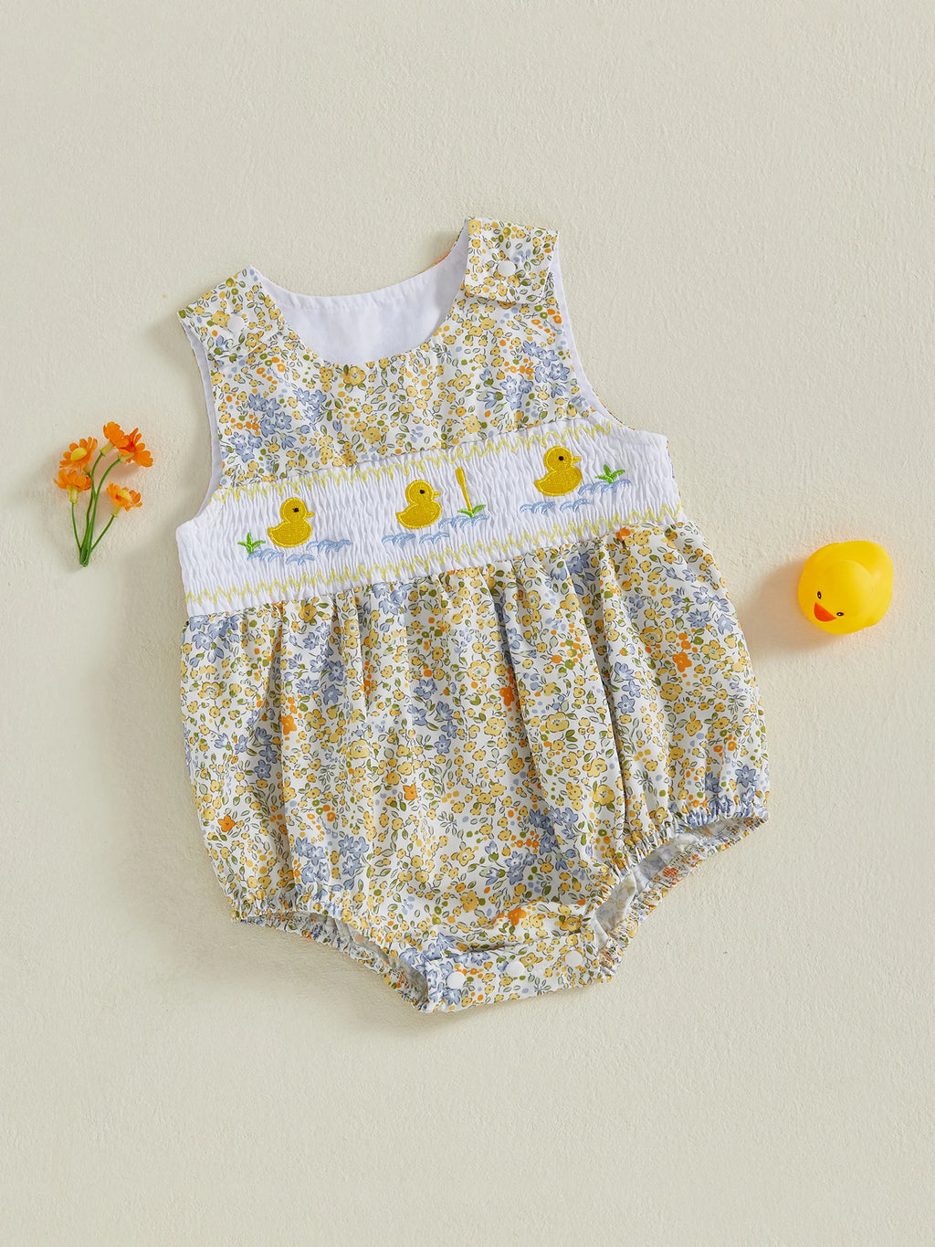 Lindo pelele de verano para bebé niña con bordado de pato, sin mangas, cuello redondo, dulce mono floral, trajes de sol