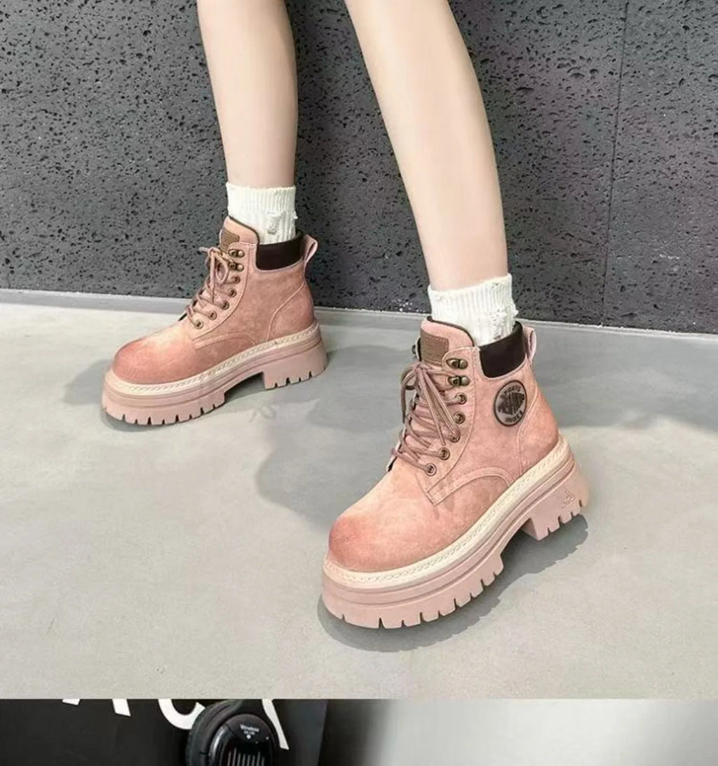 Botas cortas de tacón medio para mujer, zapatos altos a la moda, nuevos botines cómodos con cordones para ocio al aire libre para otoño e invierno