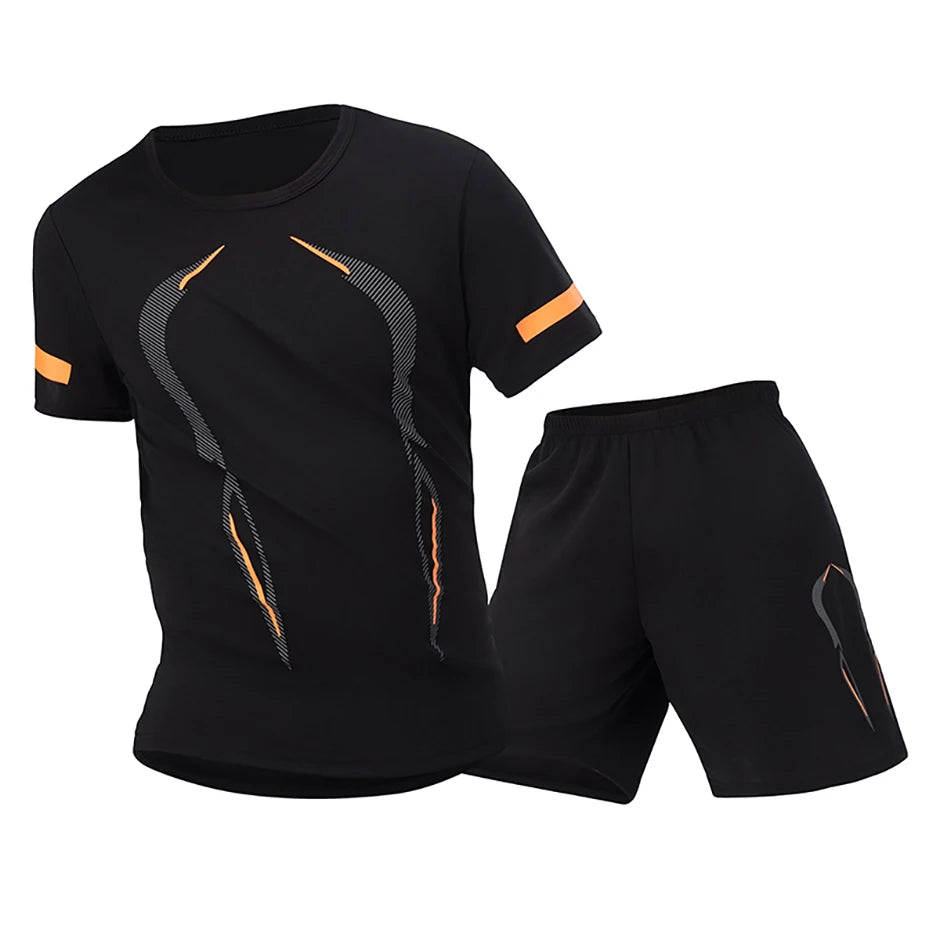 Conjunto de manga corta para hombre de las cuatro estaciones, camiseta estampada de secado rápido para deportes juveniles, Fitness, correr, cómodo e informal, 2 piezas