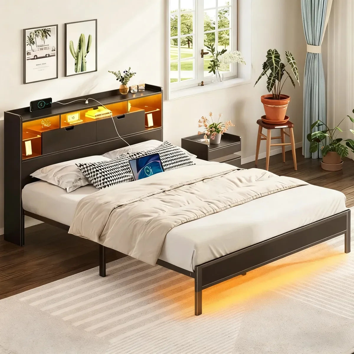 Estructura de cama LED, Mesita de Noche con Espacio de Almacenamiento y Carga Inalámbrica | Luz Nocturna y Base Multifuncional, 211 x 139 x 113 cm (Negro)