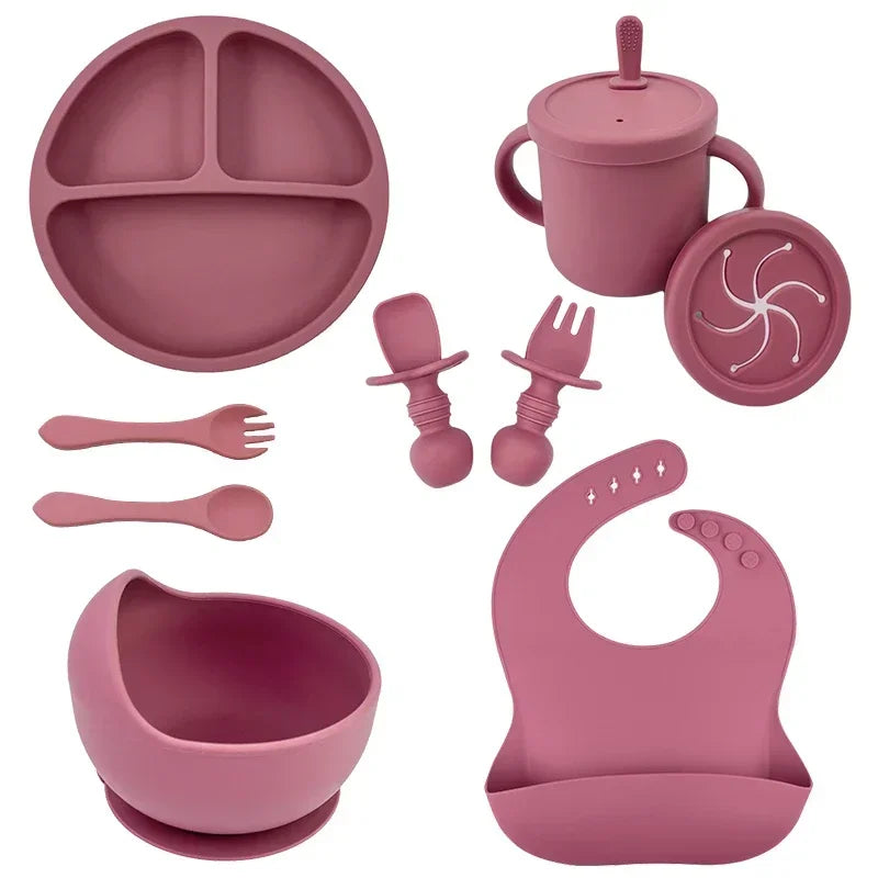Juego de alimentación de bebé de silicona sin BPA, cuenco con ventosa, plato de comedor, taza de paja, cuchara, tenedores para niños, vajilla para bebés, platos para niños