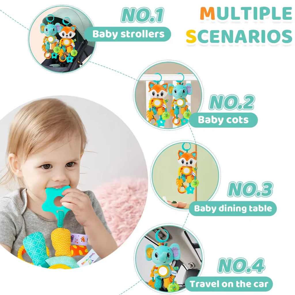 Cochecito de juguete de aprendizaje sensorial arrugado, colgante suave, asiento de coche, cuna, viaje, Animal de peluche, carillón de viento con mordedor para niños y niñas