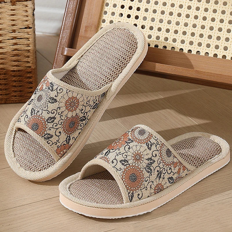Otoño Invierno zapatillas de suelo para mujer Retro de lino con punta abierta EVA sandalias casuales de fondo grueso zapatillas de interior para parejas zapatos