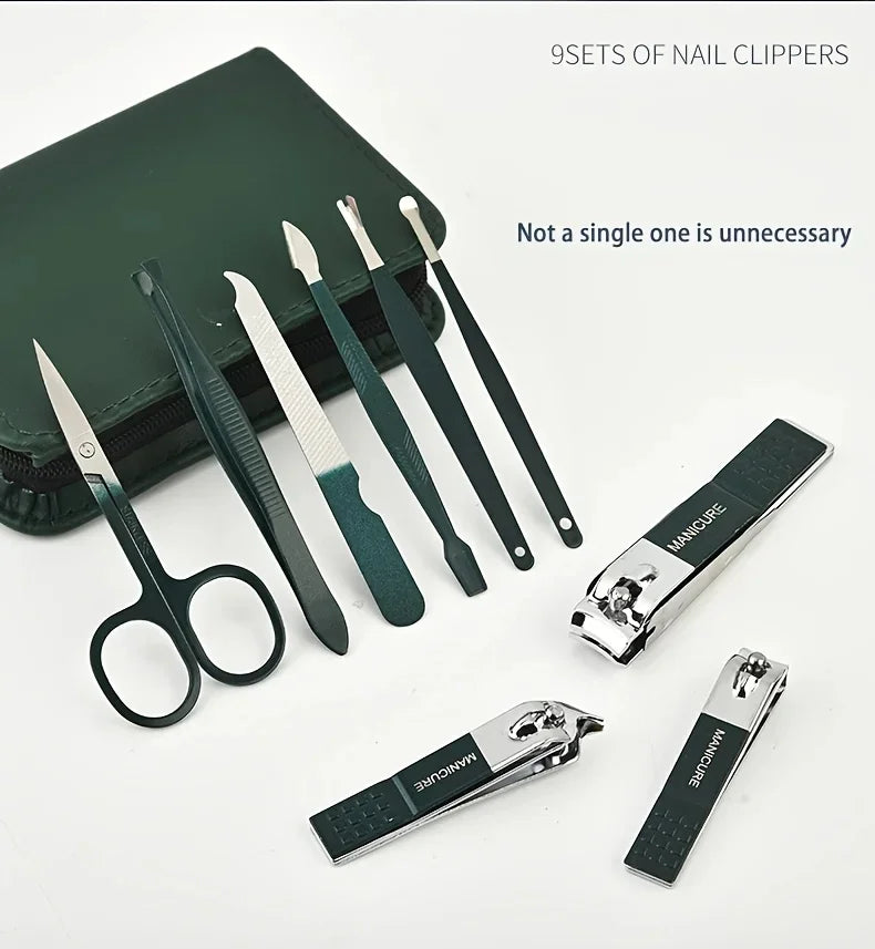 Kit de 9 Piezas para el Cuidado de las Uñas, Portátil, con Cortaúñas, Corta Cutículas, Tijeras para Uñas de los Pies, Lima para Uñas, Pinzas, Ideal para Viajes y el Hogar