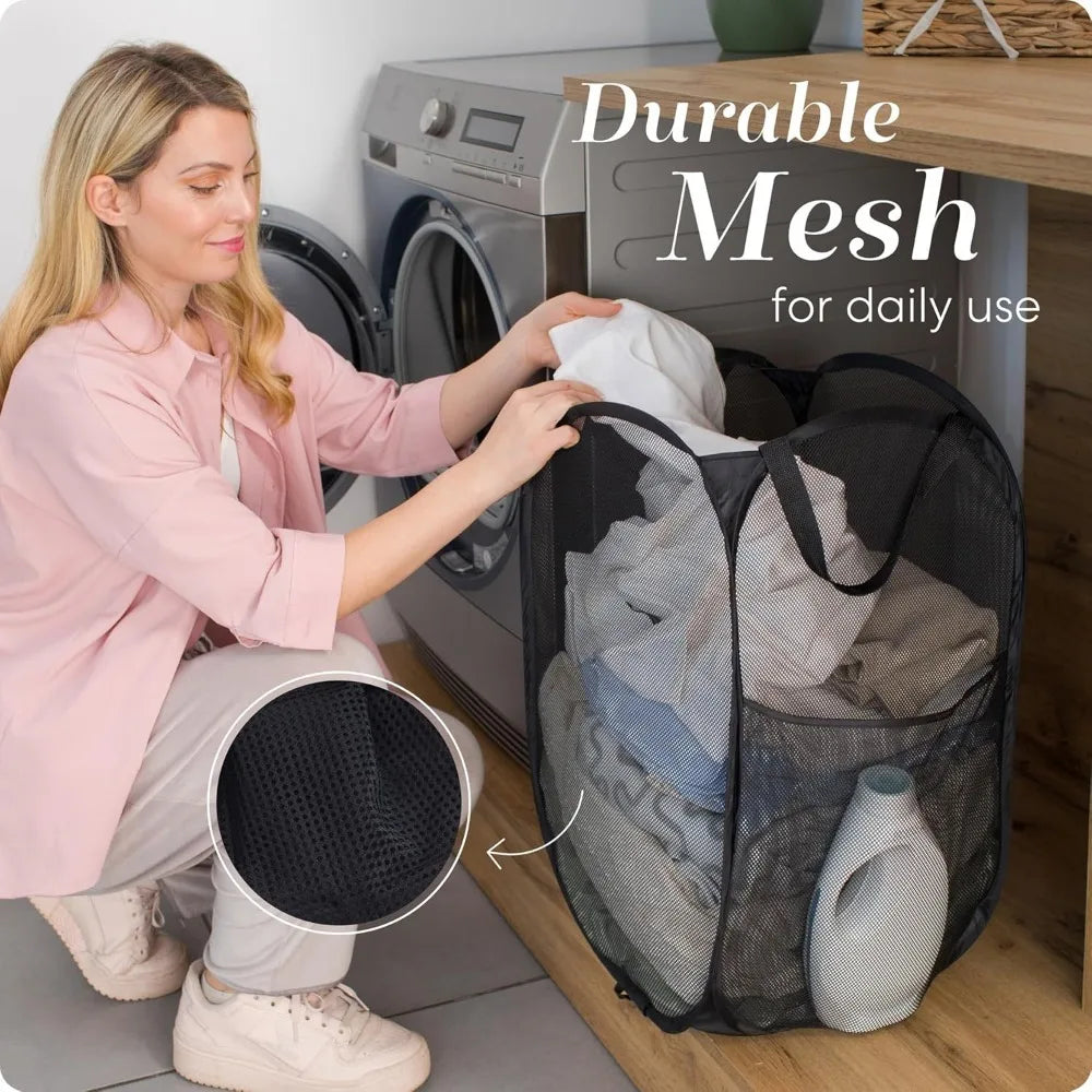 Cesta grande para la colada, cesto para la colada emergente de malla plegable, bolsillo lateral, almacenamiento de ropa transpirable, organización del almacenamiento de la ropa
