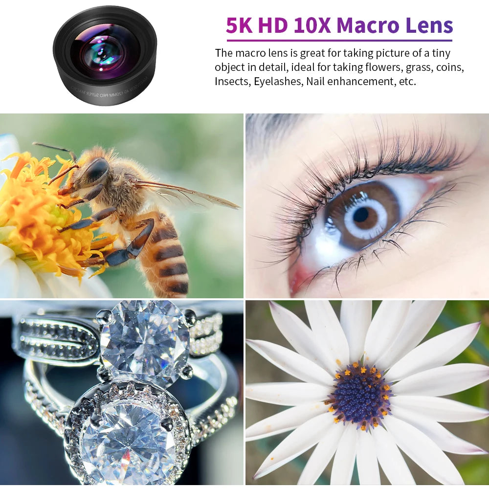 MARTVSEN Lente macro de 120 mm, lente fotográfica de cámara con clip universal súper macro profesional 5K HD 10x para iPhone Samsung Android