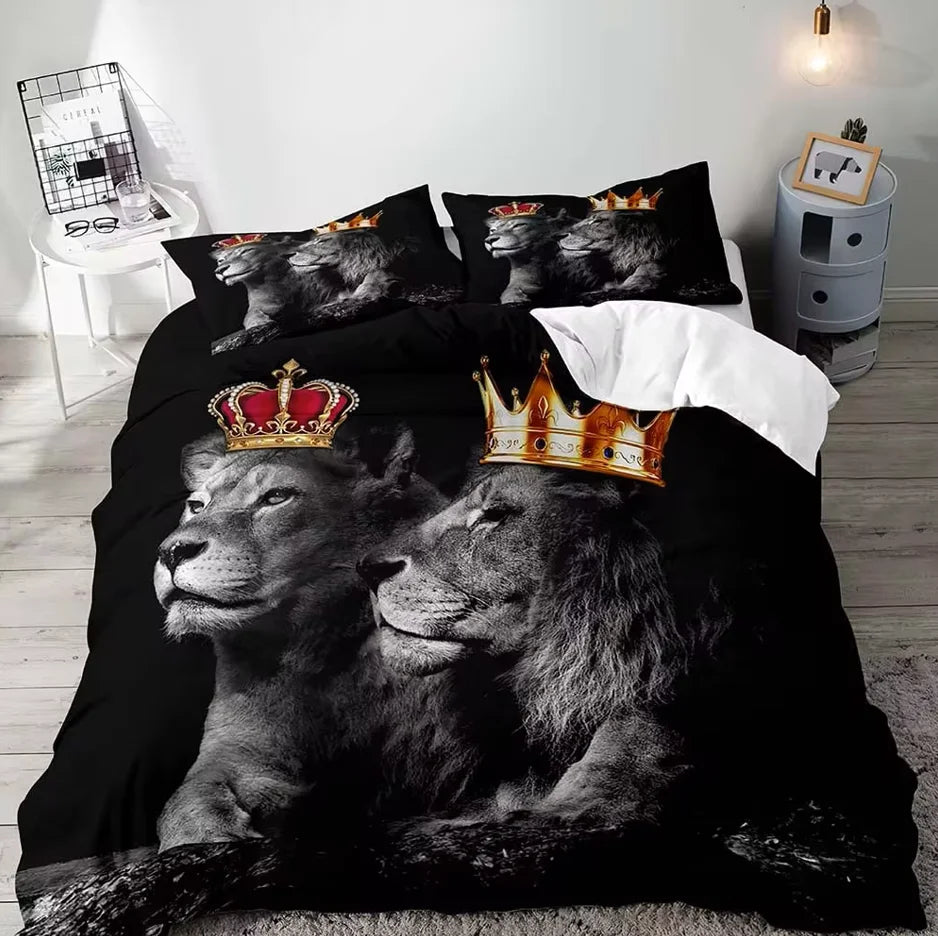 Juego de cama de tamaño completo para parejas, funda de edredón, decoración de dormitorio, León, Rey y Reina, Animal Safari africano, color negro, 3 piezas