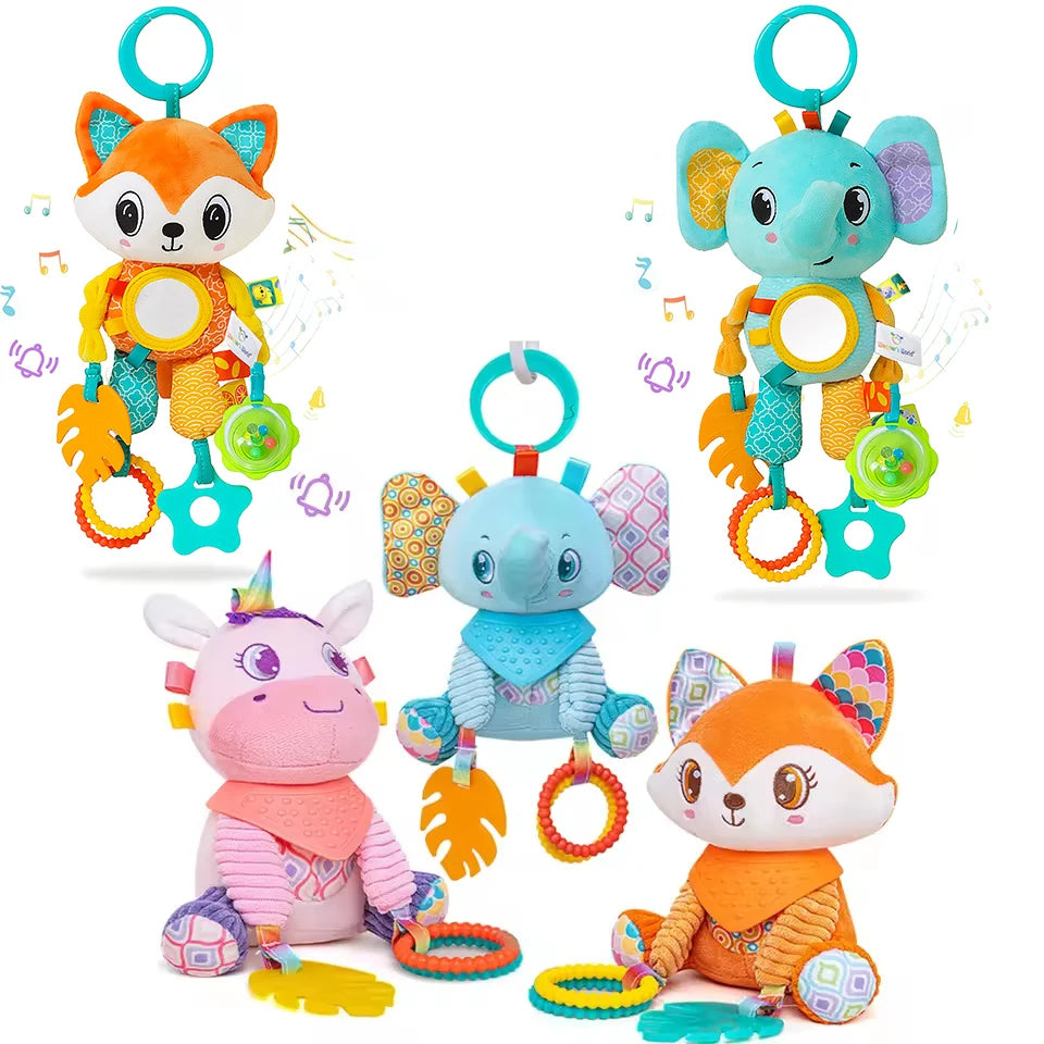 Cochecito de juguete de aprendizaje sensorial arrugado, colgante suave, asiento de coche, cuna, viaje, Animal de peluche, carillón de viento con mordedor para niños y niñas