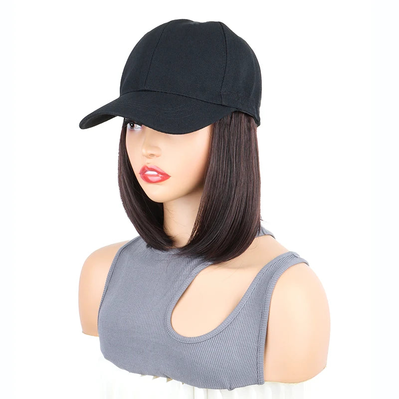 Extensiones de cabello de gorra de béisbol sintética de 12 pulgadas, peluca de sombrero ajustable Bob recta corta, fácil de usar para mujeres de fiesta diarias