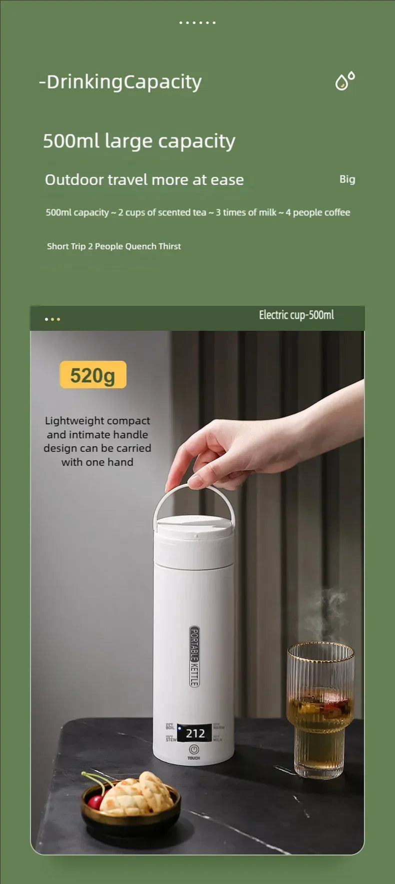 JFBONIN-hervidores eléctricos portátiles para té y café, hervidor de agua para hervir, taza térmica, botella de agua antiescaldaduras, menú en inglés